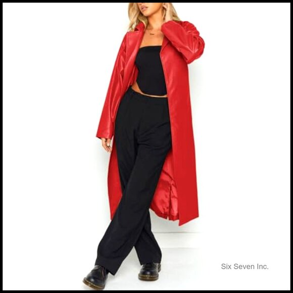 Faux Leather Trench Coat Elegant Chic Lapel Open Front Long Belted - Picture 3 of 7